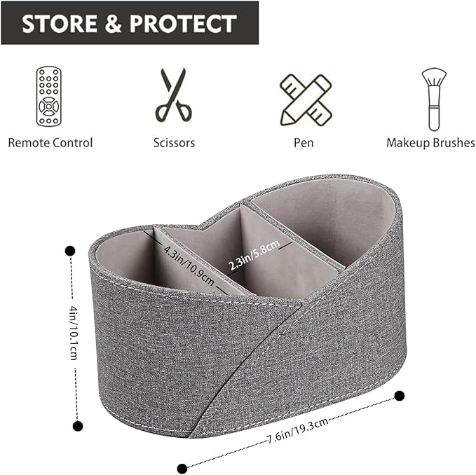 PU Leather TV Remote Control Holder with 3 Compartments, Bedside Table Remotes Caddy, Office Desk Accessories and Workspace Organizers, Storage Box to Store Pen, Controllers, Media Player, Cosmetics