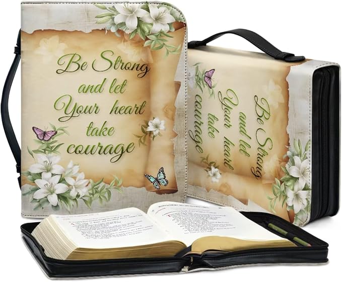 Vintage Lily and Cross Bible Case with Bookmark Waterproof Bible Cover Case for Women Lightweight Bible Bag with Handle Pockets Church Book Bag Beige
