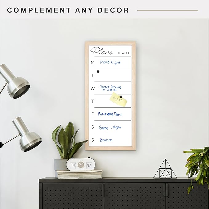 MCS Dry Erase Weekly Planner 14x30 Natural Framed Calander Whiteboard for Wall, Plan Your Week with Family Weekly Planner for Dinners, Sports, Events & More