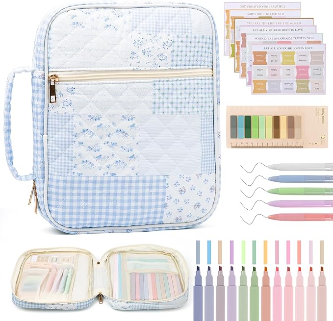 Bible Cover Case for Women Large Quilted Bible Carrying Bag with Handles Bible Study Supplies & Accessories Christian Gifts for Women(Cotton-Blue, M)