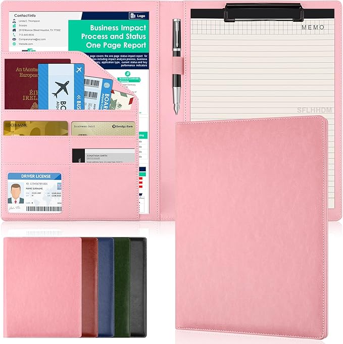Clipboard Padfolio with Storage Pocket,Clipboard Folder Portfolio Organizer,360 Degree Foldable Clipboards,Faux Leather Padfolio Organizer (Pink, A4 Size Folder Without Elastic Band)