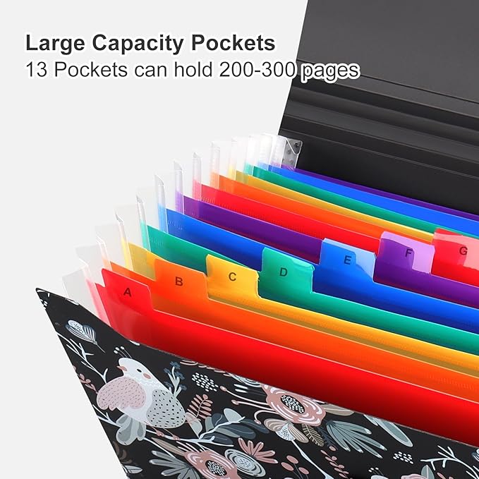 Uquelic 13-Pocket Expanding File Folder, Accordion File Holder with Elastic Buckles Closure – Holds Letter/A4 Size Documents, Floral Printed Accordion Folder, School Office Supplies(Bird Print)