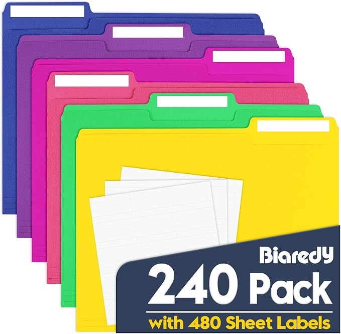 240 Pack Colored File Folders, Letter Size Paper Folders with 1/3-Cut Tabs & Blank Labels, 8.5" x 11" Bulk Durable File Folders for Office/Business/School/Law Firms Use