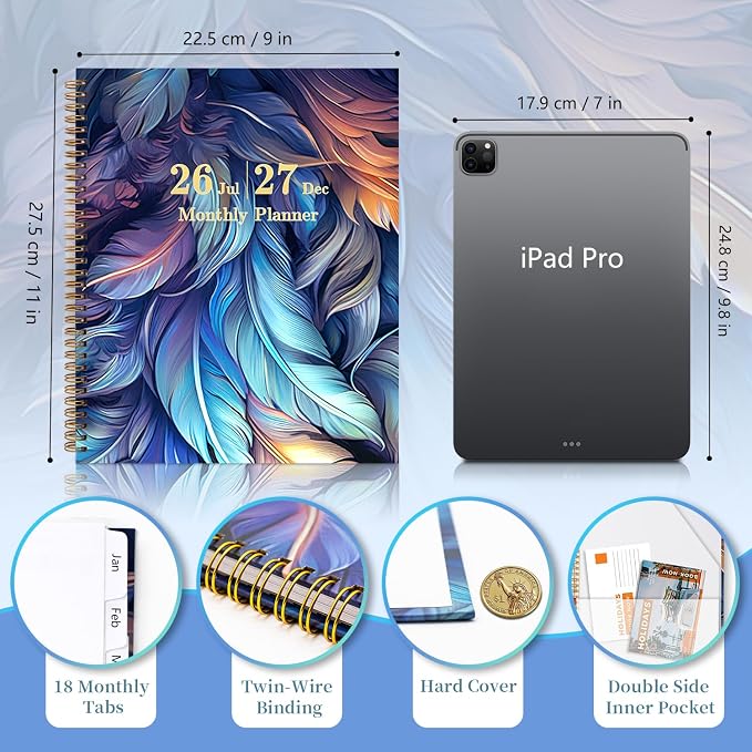 2026-2027 Monthly Planner - 18 Month Planner 2026-2027 Jul. 2026 - Dec. 2027 Academic Planners 9" x 11", Large Monthly Planners with Double-Sided Pocket, Spiral Planner 18-Month for Women, Men