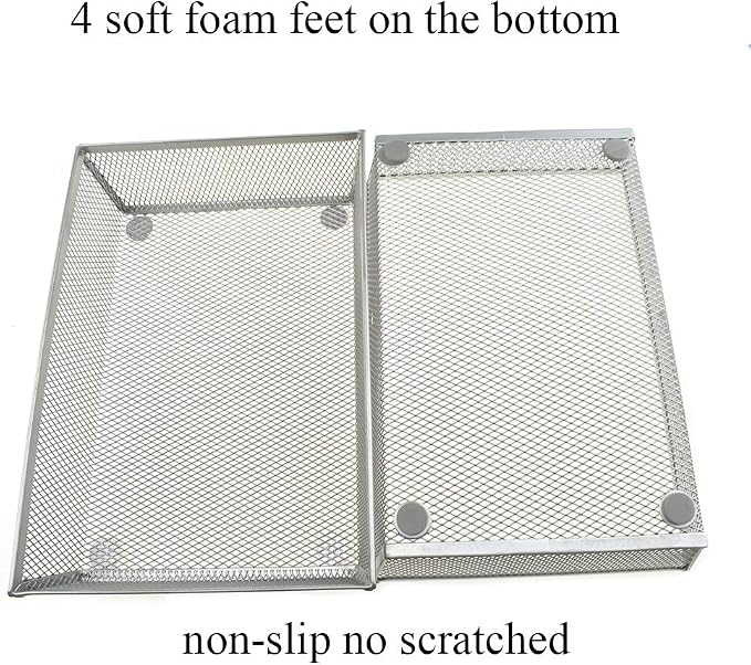 HAHIYO Stackable Mesh Tray Cup 9 x 6 x 2 inches Sturdy Container for Desk Drawer Organizer Collection for Home Office School kitchen Soft Foam Feet No Sharp Edges 1 Pack Silver