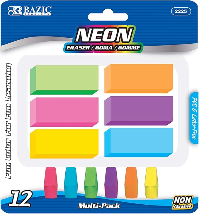 BAZIC Products Erasers + Pencil Top Erasers Set (12/Pack), Block Bevel Erasers Neon Color, Arrowhead Caps Tops, Latex Free, for Art Drawing School, 24-Packs