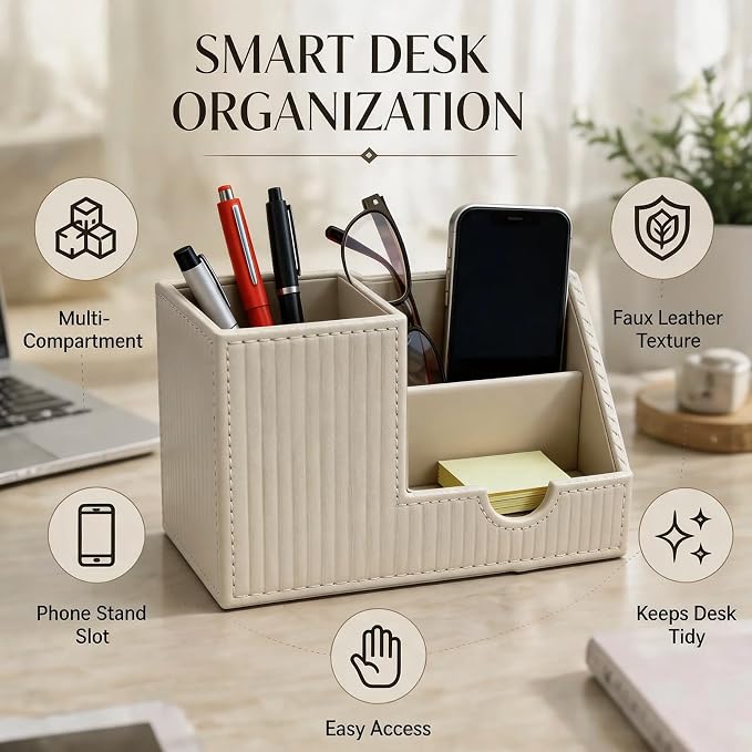 Desk Organizer Pen Holder, Aesthetic Striped White Small Organizer, Multi Slot Pencil Holder For Desk Office Desktop Stationery & Remote control Storage