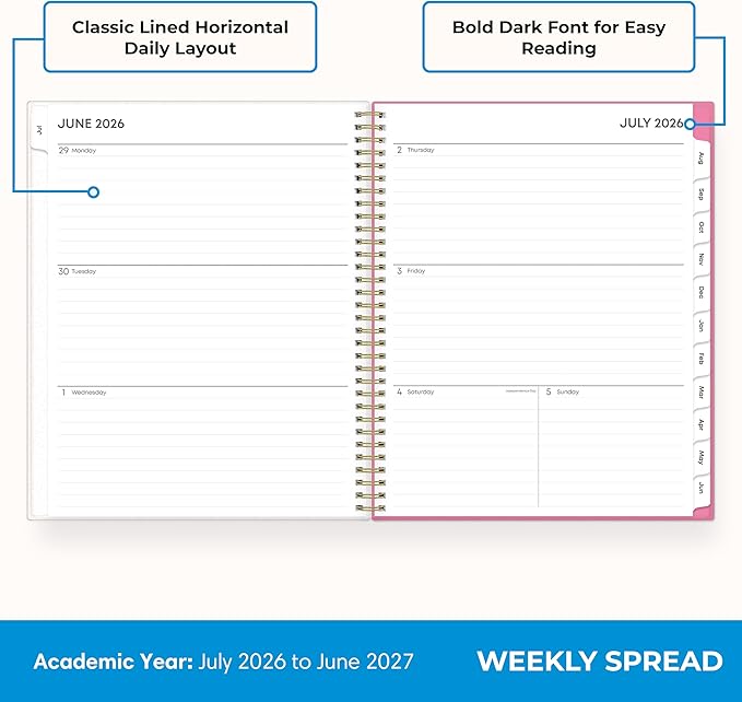 Blue Sky 2026-2027 Weekly and Monthly Academic Year Planner Calendar, July 2026 - June 2027, 8.5" x 11", Flexible Cover, Wirebound, Storage Pocket, Laminated Tabs, Roosevelt Pink