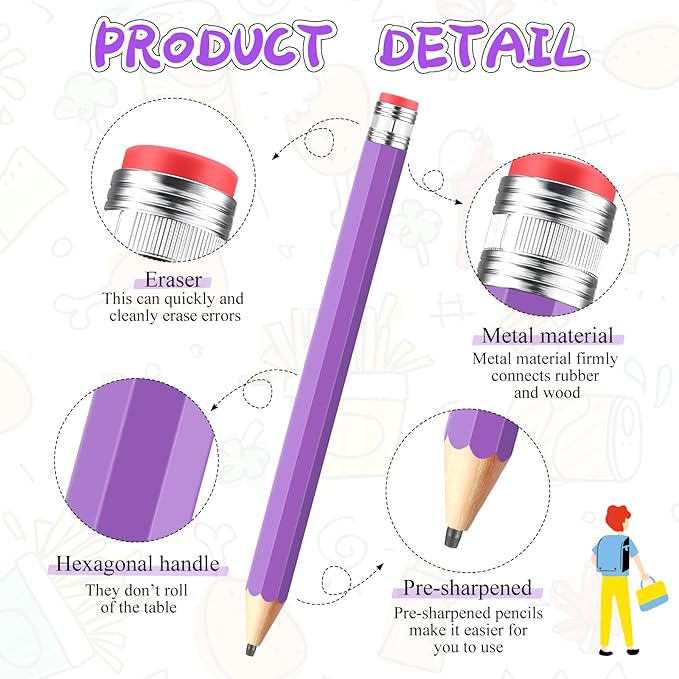 16 Inch Wooden Large Jumbo Pencils Giant Big Funny Wood Pencil with Cap and Eraser Fun Novelty Gifts for Kids School Kindergarten Home Office Prop Supplies(Purple)