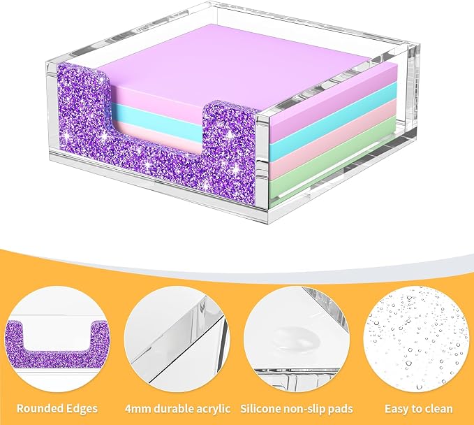 Acrylic Notepad Dispenser Organizer - 3 x 3 in Clear and Glitter Purple Sticky Note Holder W/O Pads Memo Holder for Dorm Room School Classroom Office Desk Organizer Aesthetic Supplies