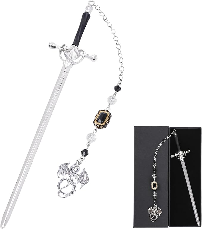 Fantasy Dragon Sword Bookmark - Vintage Metal Book Marks for Men Women Students Teachers Reader Page Mark with Crystal Beads Sliver Dragons Charm Reading Lovers Birthday Gifts Accessories