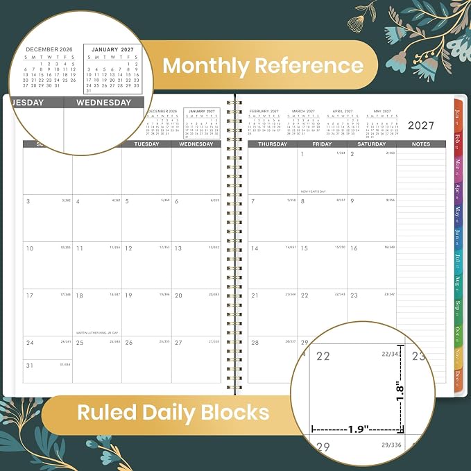 2027 Planner - 2027 Monthly Planner, Jan. 2027 - Dec. 2027, 9" x 11", 2027 Calendar Planner,12 Month with Colourful Tabs & Pocket, Flexible Cover, Twin-Wire Binding, Thick Paper - Leaves