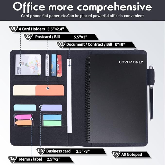 Executive Size Notebook Cover for Rocketbook A5 8.8"x6" Inch, Waterproof Portfolio Organizer with Pen Loop Holder & Card Slots, Protective Case for Journals - Business Travel & Office Use (Black)