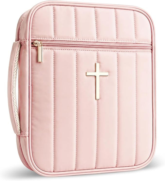 Wuflyover Bible Bag for Women, Quilted Bible Cover Case with Handle, Bible Carrying Case for Church and Bible Study, (Pink)
