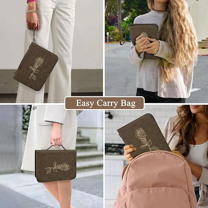 Bible Covers for Women & Men, Leather Bible Case with Rose Bookmark, Bible Supplies Carrying Bag Tote with Strap, Personalized Gift for Study, Journaling, Church-Dark Brown