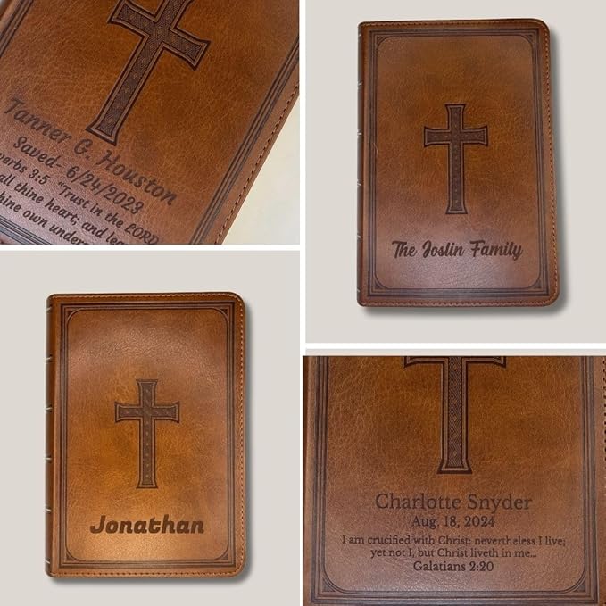 Personalized Compact Large Print Bible KJV Faux Leather Holy Bible Custom Name 3 Rows of Text & Red-Highlighted Verses, Personal Gift for Christian & Religious Celebrations | Brown