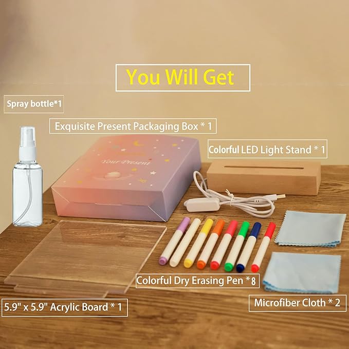 5.9 x 5.9 Inch LED Message Note Board with Colors, Clear Acrylic Light Up Dry Erase Drawing Writing Board with Stand