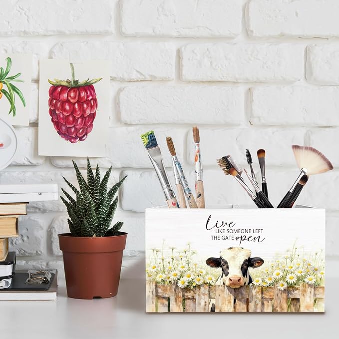 Rustic Daisy Floral Cow Pen Holder for Desk, Gifts for Cow Lovers Pencil Organizer, Live Like Someone Left the Gate Open Wooden Box Sign Desk Decor for Home Office Decoration