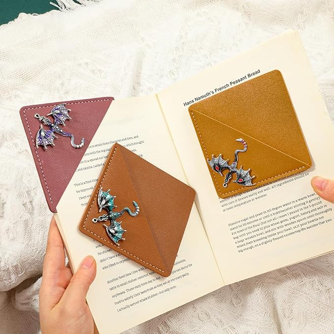 Fantasy Fourth Wing Leather Bookmarks, Flying Dragon Metal Pendant CornerBookmark, Book Mark for Reading Women Men Couple Book Accessories,Reading Supplies for Book Lover (Dragon Leather)