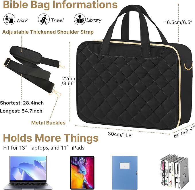 PUGPIU Bible Cover Case for Women, Large Quilted Bible Bag with Shoulder Strap and Handle, Bible Study Supplies Journaling Kit with Highlighters Pens No Bleed Tabs Notebook Cross Clips (Black)