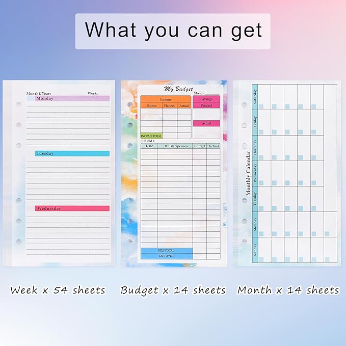Toplive 3 Pack A6 Planner Refill Paper & Budget Sheets, Monthly Weekly Planner Losse Leaf Inserts 6 Hole Expense Tracker or A6 Planner Binder Cover Budget Bill Saving Organizer, Colorful 3 Pack