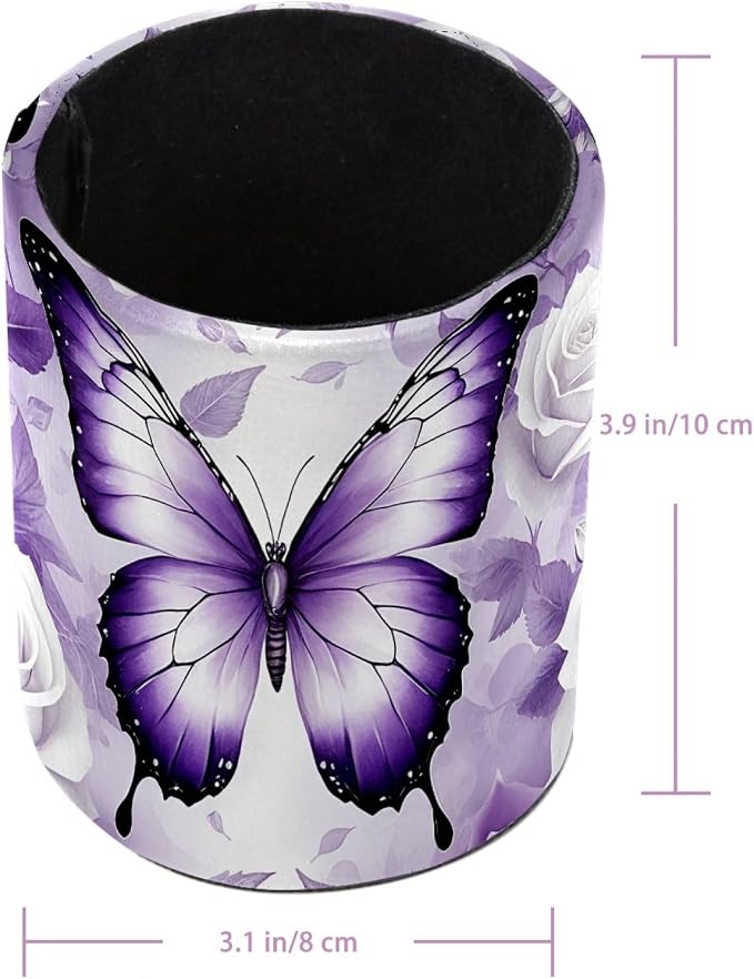 Butterfly Rose Purple Pen Holder Pencil Organizer Cute Pencil Cup Desk Decor Makeup Brush Holder PU Multifunctional Office Supplies for Home Classroom School