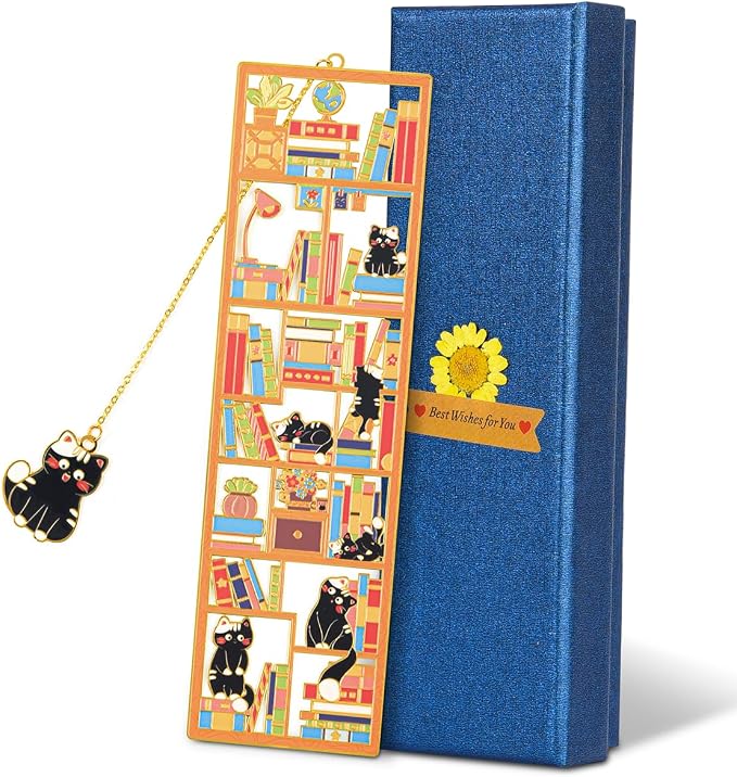 Teacher Appreciation Gift, Black Cat Metal Bookmark with Charm and Gift Box, Bookmarks for Women, Reading, Book Mark Gifts for Cat Lover, Graduation, Reader, Book Lover, Friends, Bestie, Mom, Dad