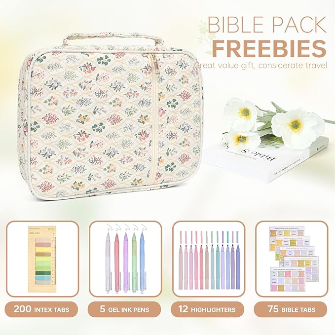 Bible Cover Case for Women Large Bible Cover with Durable Handle Quilted Bible Carrying Case for Girls Bible Study Supplies Accessories (Wildflower Meadow, Wildflower Meadow)