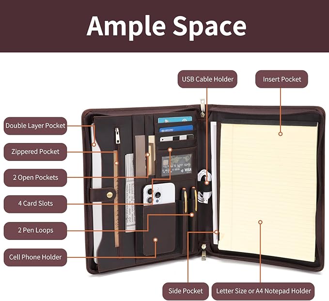 Personalized Genuine Leather Portfolio for Women and Men, Custom Engraved 8.5 x 11 Legal Padfolio, Zippered Notebook Laptop Organizer, Business Executive Folio for Work, Dark Brown