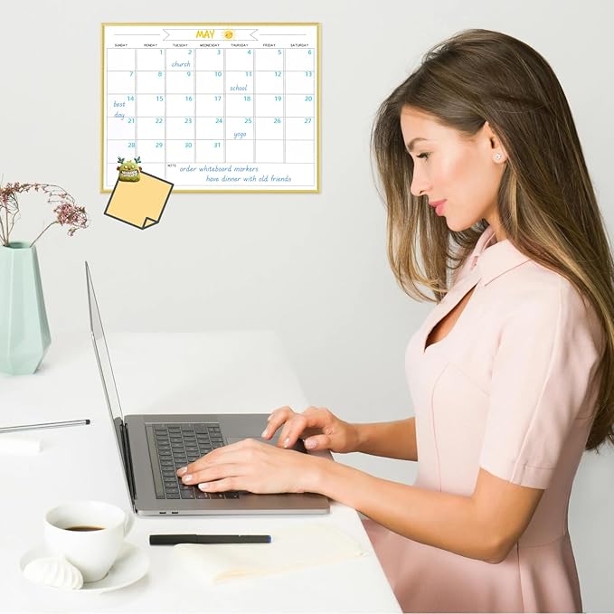 Dry Erase Monthly Calendar Whiteboard, 13"x 17" Gold Aluminum Frame, Magnetic White Board for Wall Office/School/Home, Hanging Board for Decoration/Kitchen Grocery List