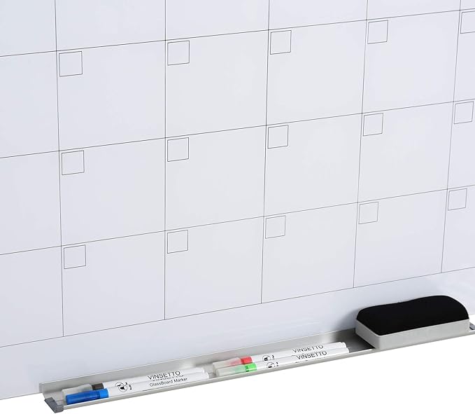 Vinsetto 35"x23" Dry Erase Wall Calendar Glass Whiteboard Monthly Planner for Homeschool Supplies & Home Office Organization with 4 Markers and 1 Eraser,Frameless