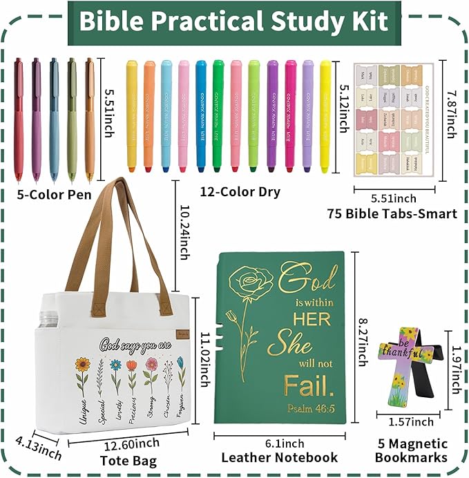 25 PCS Bible Study Supplies Kit, Large Capacity Canvas Tote Bag for Women Organizer, Bible Highlighters and Quick Dry Pens No Bleed Through, Notebook Bible Tabs Cross Bookmark Journaling Accessories