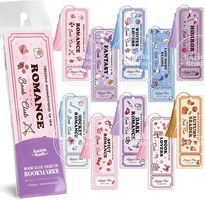 Kaciola Studio 10PCS Cute Ticket Style Bookmarks, Funny Bookmarks for Women, Double Sided Fantasy Booklover Gifts, Cute Gifts for Romance Reader Friends Girls