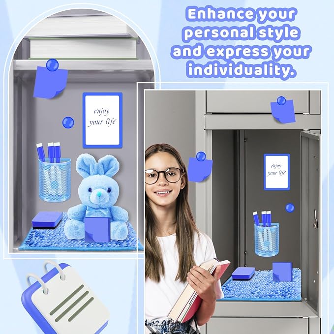 Demonwer Locker Accessories with Locker Shelf Locker Mirror Magnetic Pen Holder Sticky Note Whiteboard Mat Blue Locker Organizer for Work Mesh Metal Shelf Accessories Kit for School Office Supplies
