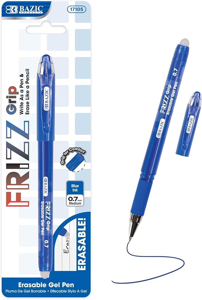 BAZIC PRODUCTS Frizz Erasable Gel Pens, 0.7mm Medium Point, Blue Ink, Comfort Grip for Smooth Writing Drawing Planner, 24-Pack