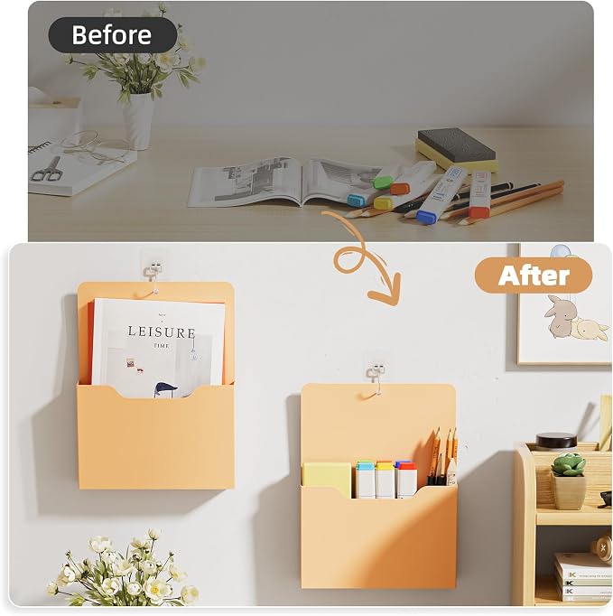 2 Pack Magnetic File Holder - Paper Holder, Pocket Organizer,Hanging Wall File Organizer Office Supplies Storage, Magazine Mail Organizer Case for Notebooks,Planners,Letter (Orange)