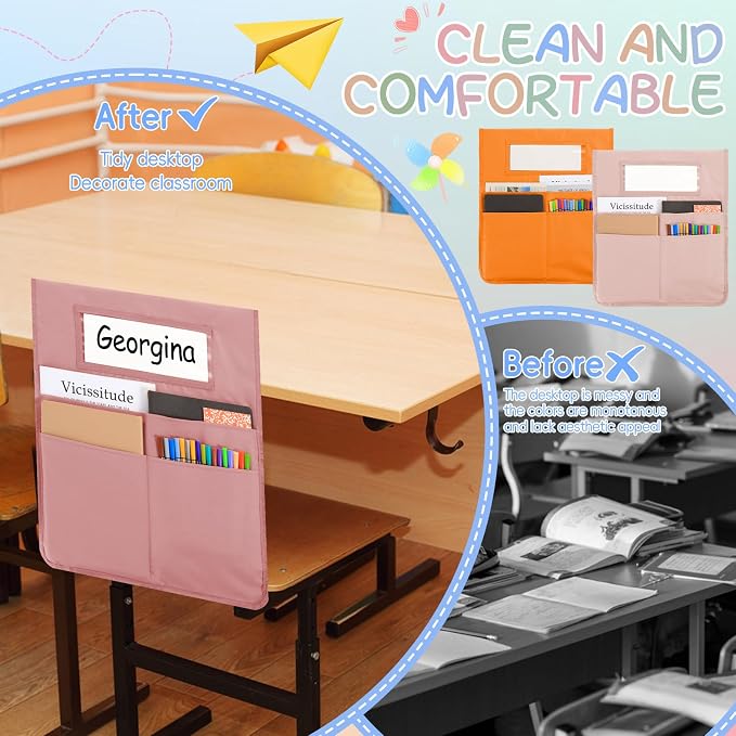 gisgfim 12 Pcs Chair Pockets for Classroom 16.7 x 19.3 Inch s with Name Tag Chairback 3 Pockets Chairs Seat Back Organizer for Elementary School Daycare Home Supply (Light Boho)