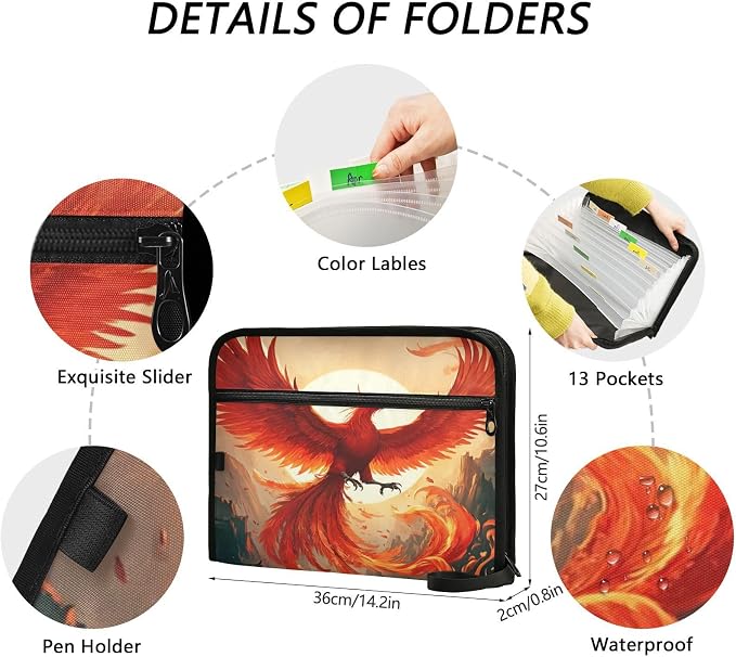 Beautiful Phoenix Accordion File Organizer Expanding Document Folder with 13 Pockets Portable File Folder for A4 Letter Size