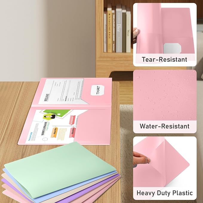 Timart Folders with Pockets-6 Pack, 2 Pocket Folders Fit Letter Size Paper, Pastel Color File Folders for Documents, Plastic File Folder for School Office Home Bussiness