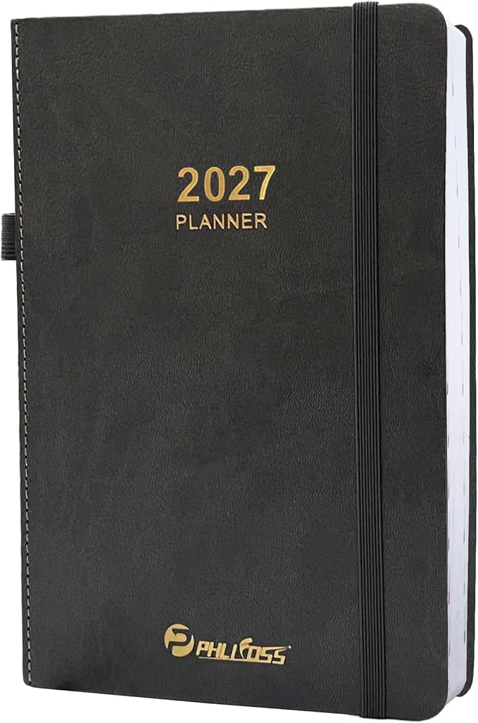 2027 Daily Planner/Calendar, One Page Per Day, Daily Monthly Agenda Planner with Time Slots and Monthly Tabs, Jan - Dec 2027, 5.7" x 8.25" Appointment Book, Pen Holder, Leather Cover (Dark Grey Blue)