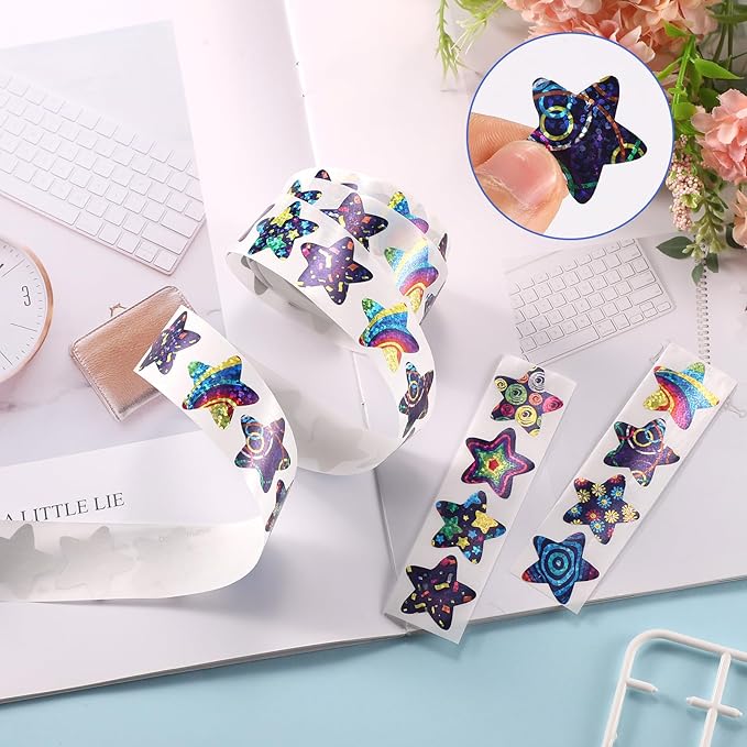 500pcs Small Star Stickers, 1 inch Self-Adhesive Colorful Sticker Cute Laser Space Star Printed Sticker Roll for Kids Teachers Reward Supplies Crafts
