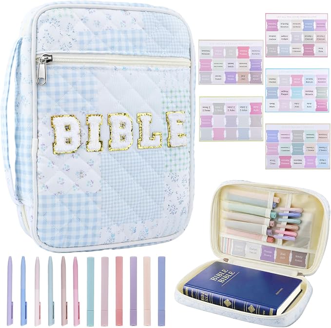 Bible Cover Case for Women, Large Chenille Letter Bible Bag with Handle, Carrying Bag with Tabs 6 Colored Pens 6 Highlighters, Back to School Study Supplies Christian Church Gifts, Blue Patch