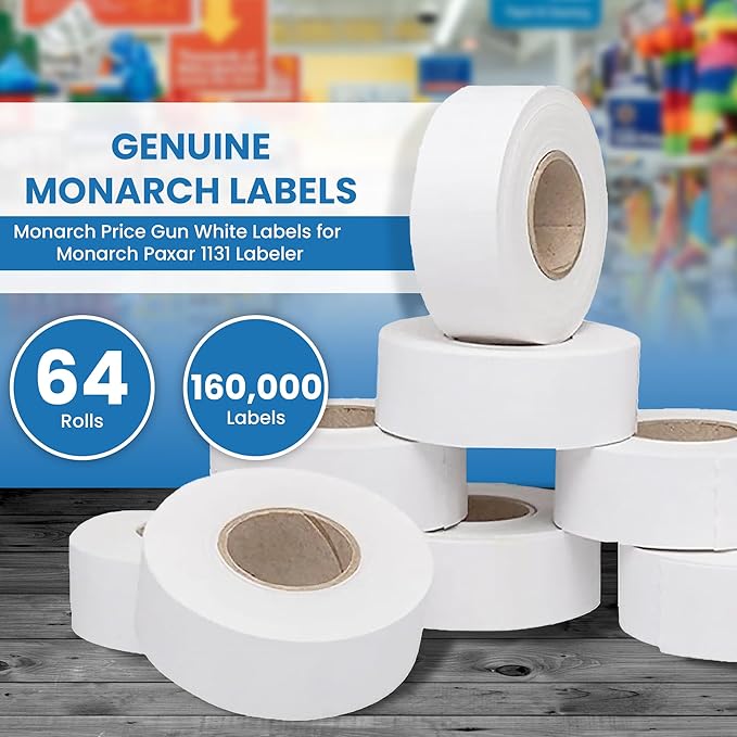 Monarch Price Gun White Labels for Monarch Paxar 1131 Labeler - 8 Sleeves, 160,000 Labels - Easy to Load Pricing Tag Gun Label