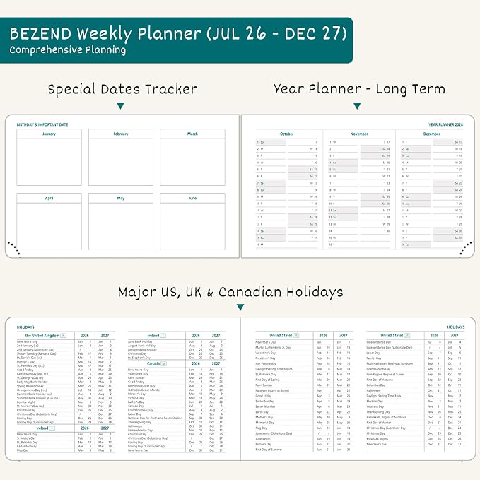 BEZEND Weekly Planner 2026 2027 Equal Weekend Space with Hourly Timeslot (Medium 9" x 5.5") 18 Months Academic Calendar (Jul 26-Dec 27) for Students, Work & Home, PU Leather Hardcover -Lilac