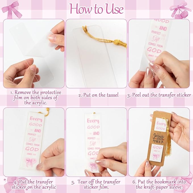 Haooryx Pink Bow Bible DIY Bookmark - 96Pcs Pink Christian Bible Verse Tassel DIY Bookmark UV DTF Transfer Sticker Blank Transparent Rectangle Acrylic Book Marker Kids DIY Crafts Kit Birthday Gift Tag