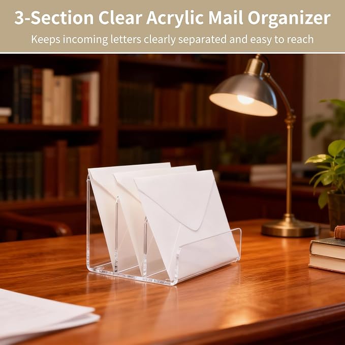2 PCS Acrylic Mail Organizer, Clear Vertical Letter Holder with 3 Compartments, Divided File Sorter Desk Organizer for Mail Envelopes Letters Documents Home Office Storage Holder