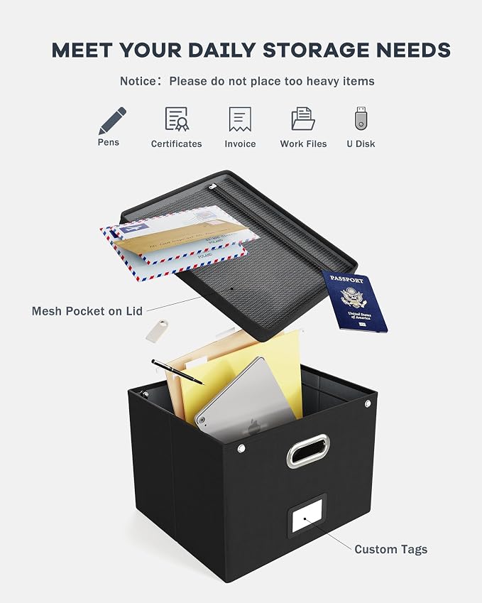 2 Pack File Organizer Box with Lid, Large Hanging Filing Box with Mesh Pocket, Document Organizer for Letter Files, Portable Storage Case for Office&Home (Black)
