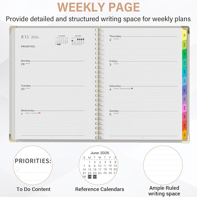 Planner 2026-2027, A4 Hardcover Weekly and Monthly Calendar Planner from July 2026 - June 2027, 8.5" x 11" Daily Agenda with Monthly Tabs, Spiral Bound, Inner Pocket, Cute Journal Organizer Notebook for Office School-Smiley Face