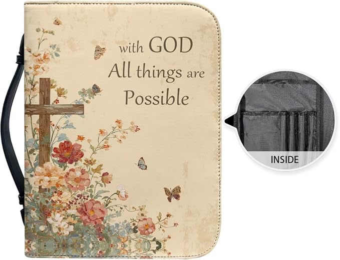 Vintage Style Floral and Cross Bible Case with Bookmark Waterproof Bible Cover Case for Women Lightweight Bible Bag with Handle Pockets Church Book Bag Beige