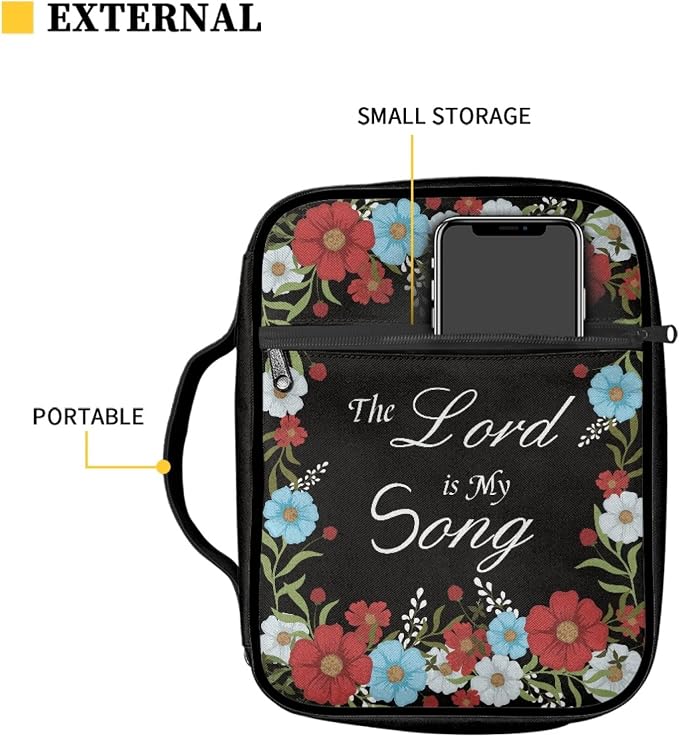 Coldinair Red Blue Floral Print Bible Covers Bag for Women Teens Kids,Carrying Book Case Church Bag Bible Holder with Handle and Zippered Pocket,Black